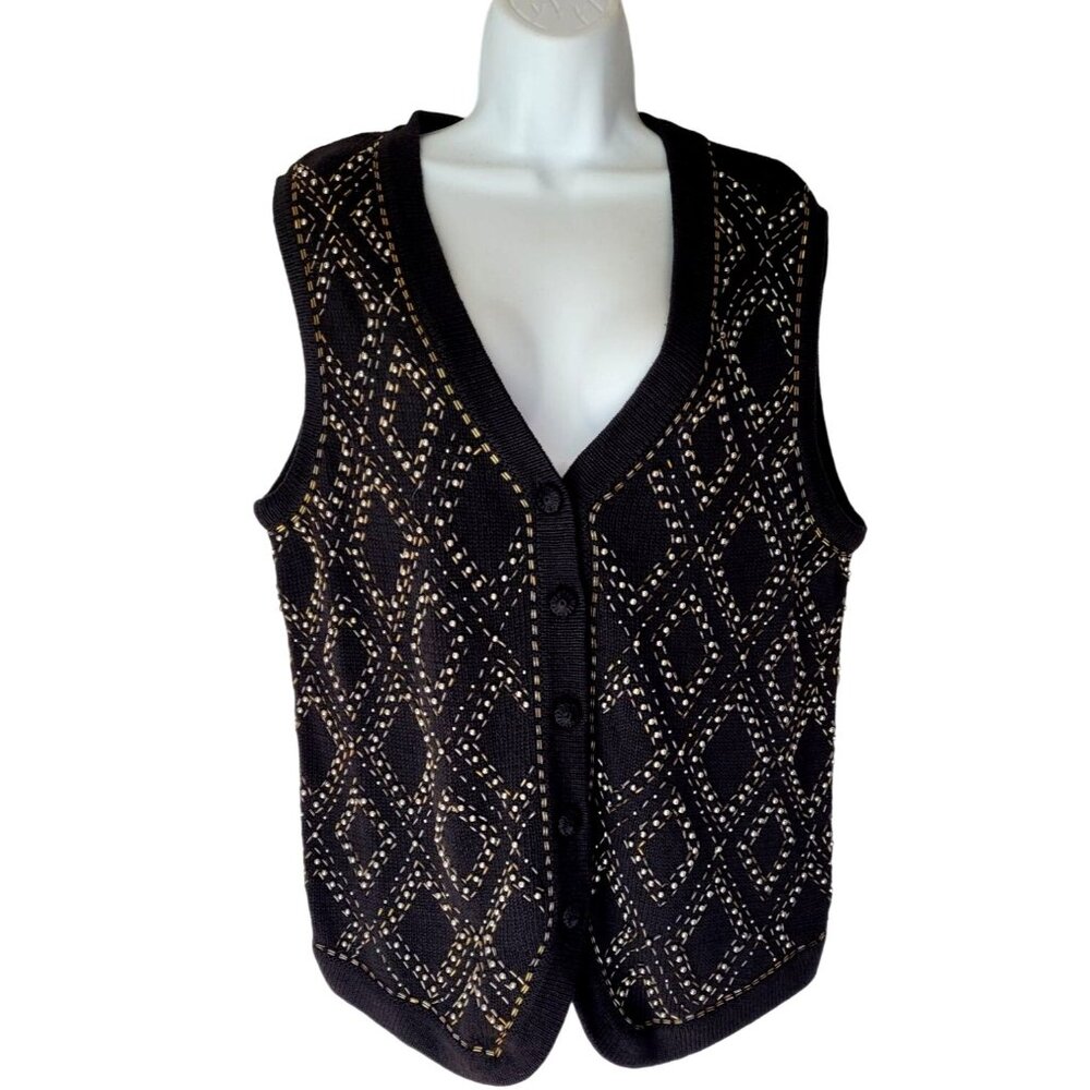 OHI Vintage Knit Vest Womens Size L Beaded Black Button V Neck Ramie‎ Cotton